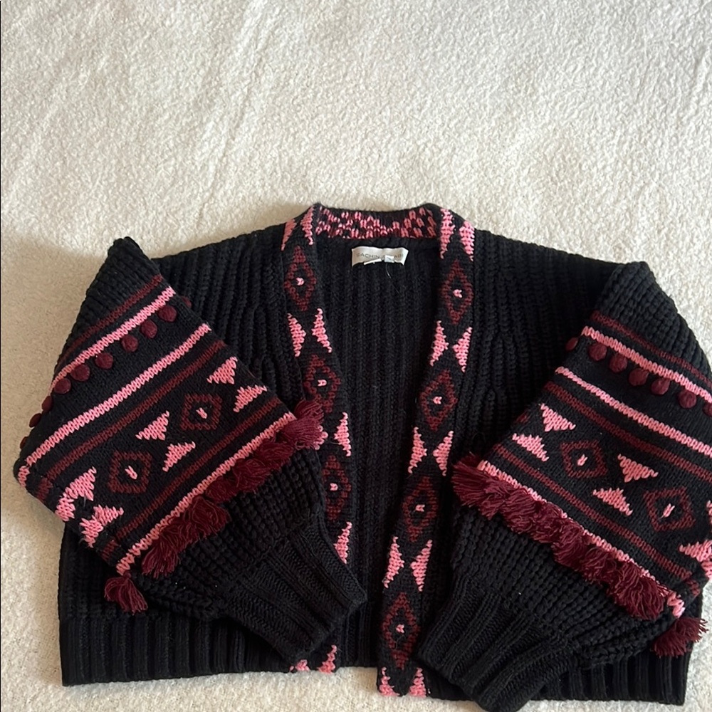 Black and Pink Cropped Puff Sleeve  Cardigan Sweater